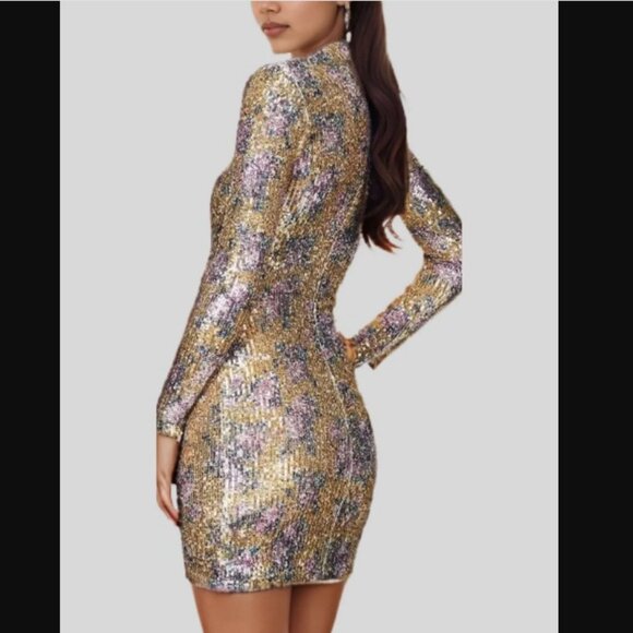 NWT Nookie Forever Long Sleeve Sequined Mini Dress Yellow Gold Multicolor Size S - Picture 4 of 8
